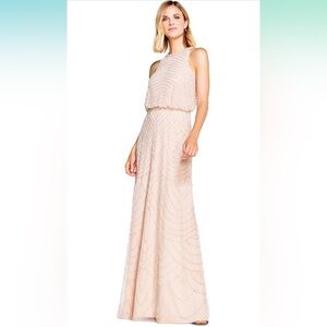 Adrianna Papell Halter Art Deco Beaded Blouson Dress, Blush, size 8